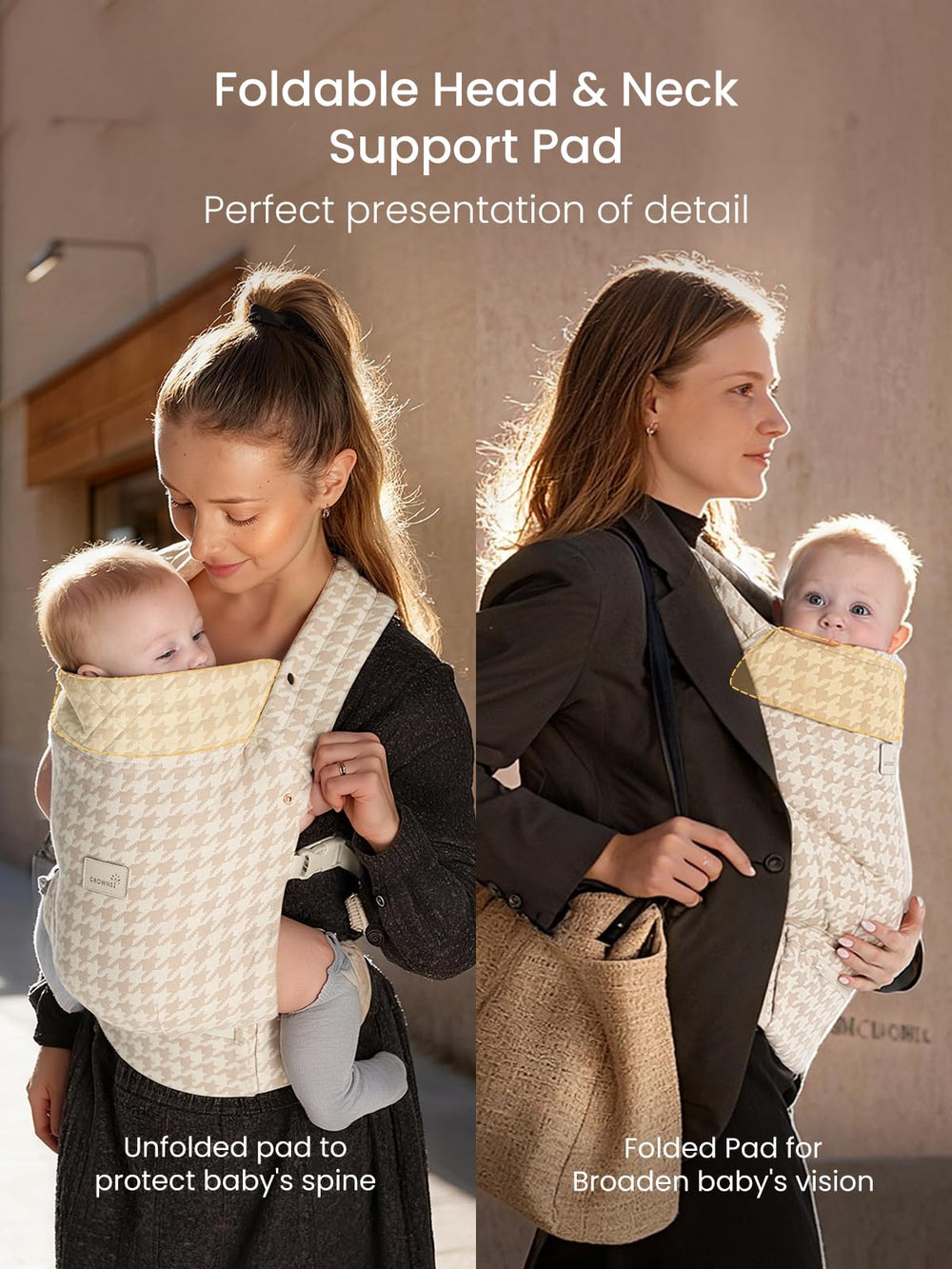 GROWNSY X-shaped back support distributes weight evenly for parent comfort.
