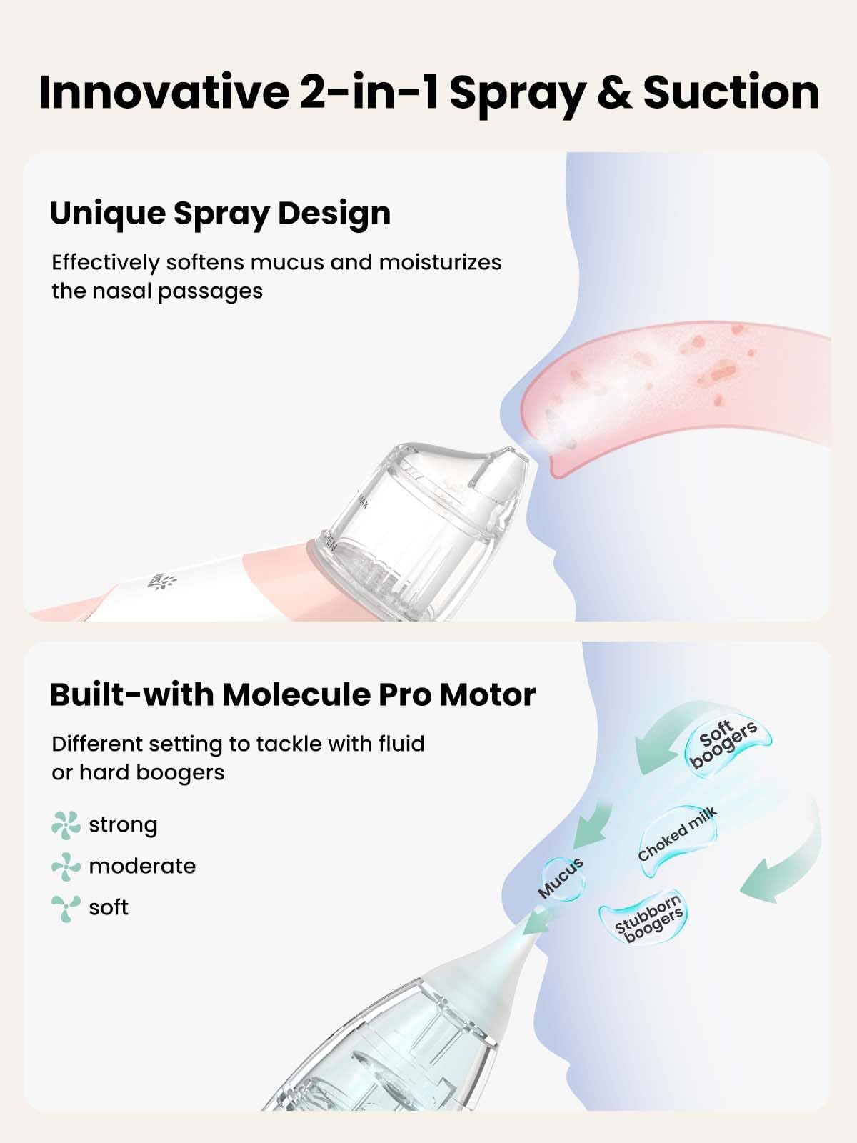 Grownsynasal-aspirator-pink spray function demonstrates moistening spray for easier clearance