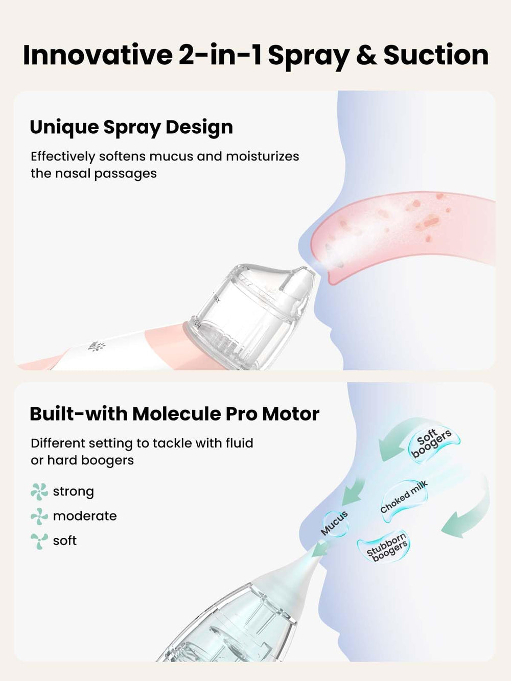 Grownsynasal-aspirator-pink spray function demonstrates moistening spray for easier clearance