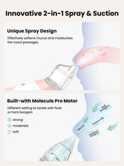 Grownsynasal-aspirator-pink spray function demonstrates moistening spray for easier clearance