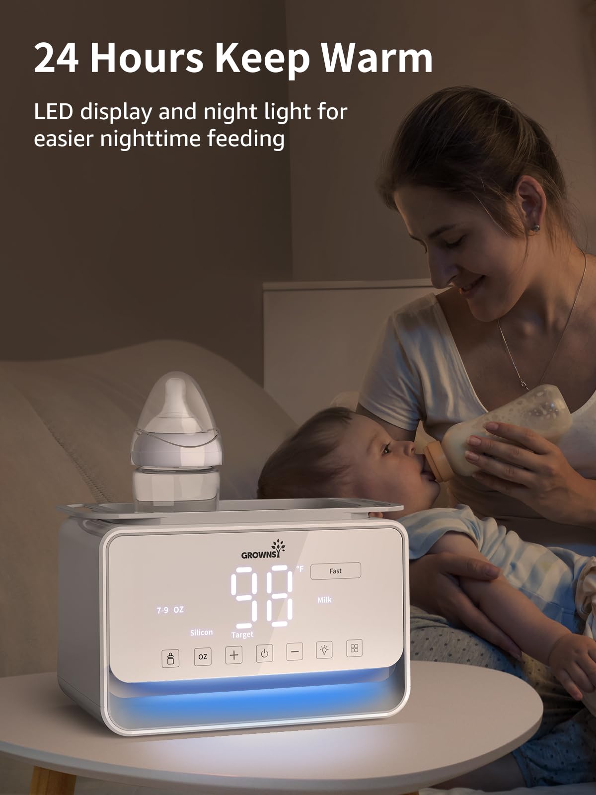 GROWNSY anti-scald basket keeps bottles safe during warming.