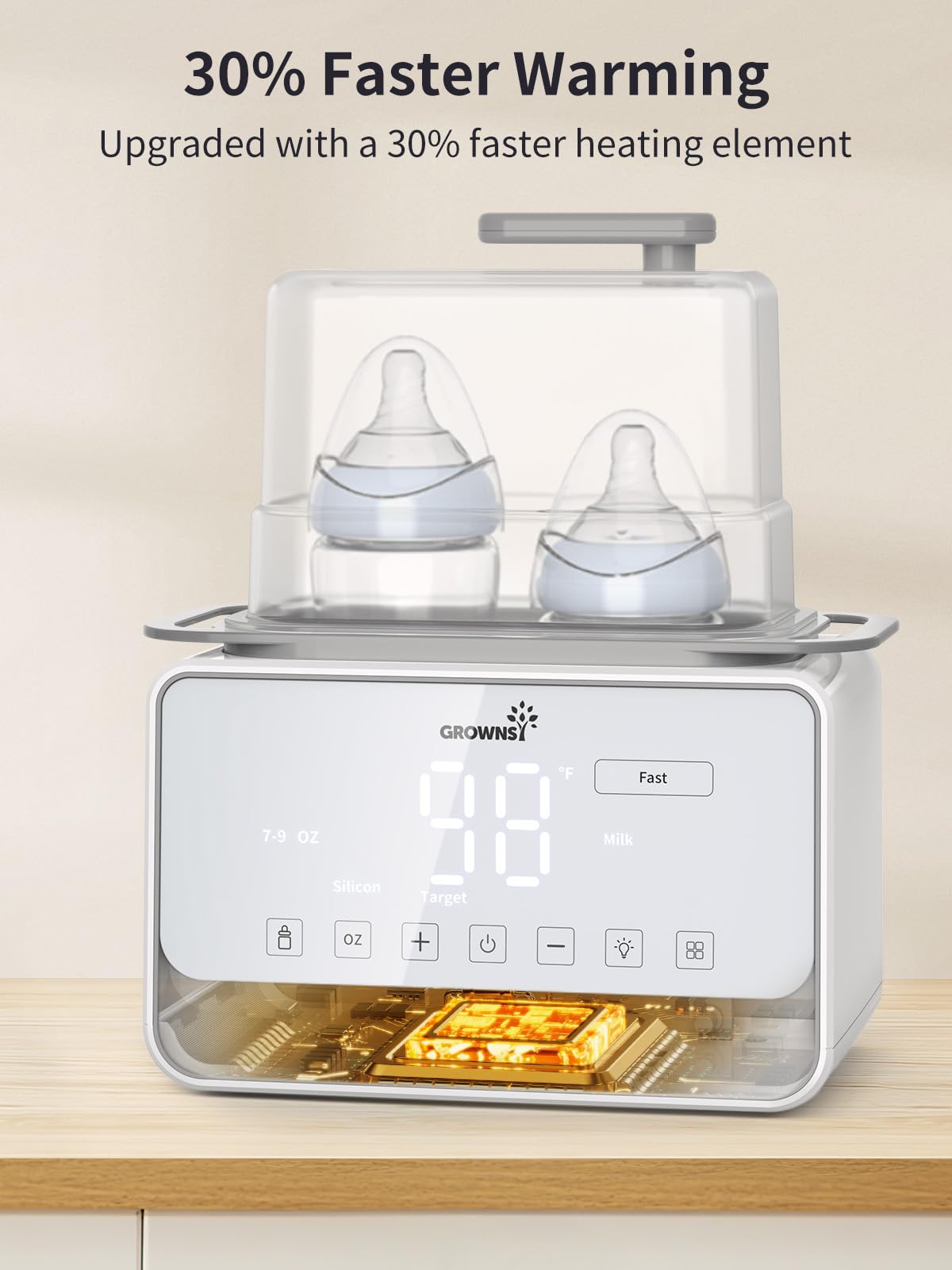 GROWNSY steam mode close-up illustrating fast, even milk warming.
