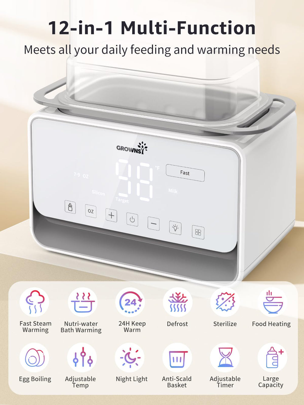 GROWNSY bottle warmer display panel and controls for easy time and temp settings.