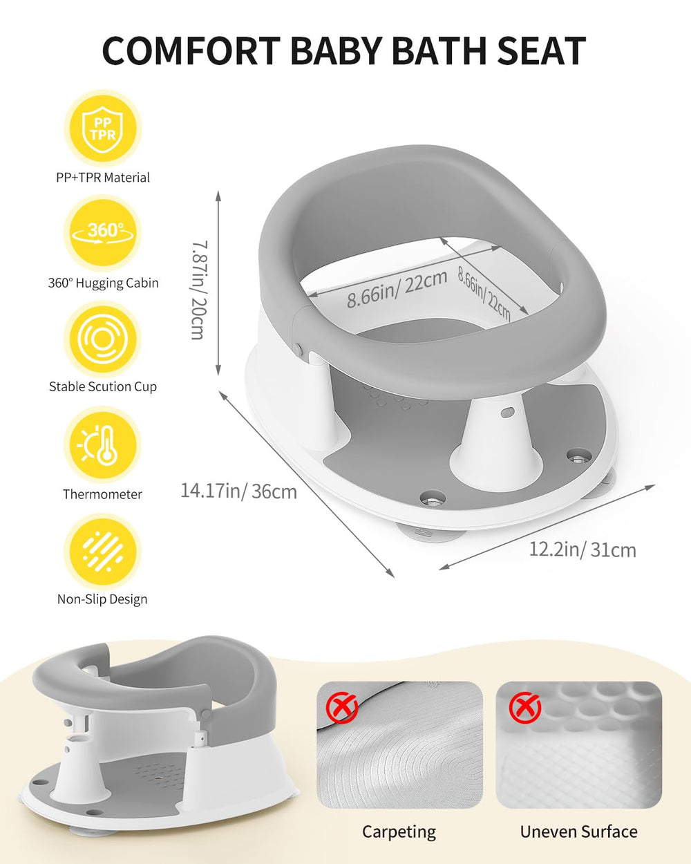 GrowthFun bath seat with four suction cups for non-slip stability