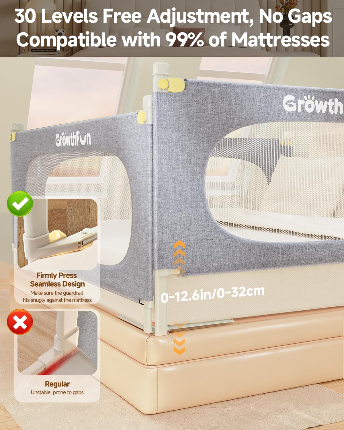 GrowthFun bed rail 30-level height adjustment fits various mattress thicknesses