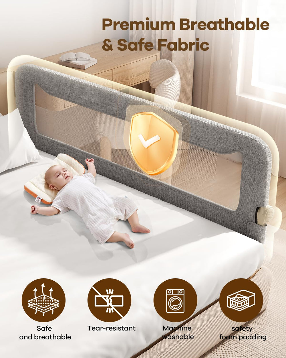 GrowthFun gap-free protection with adjustable center bar for various mattresses.
