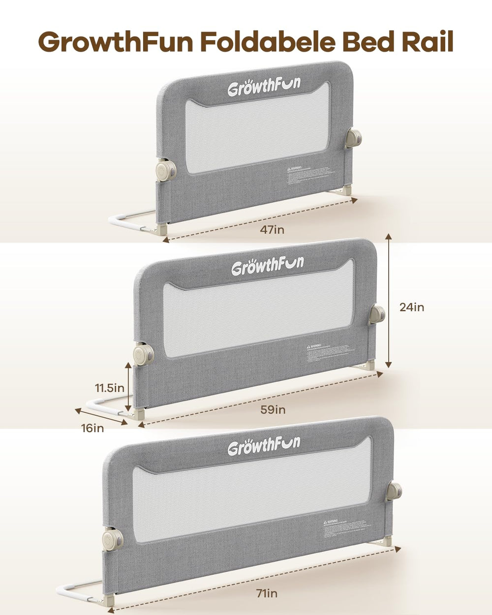GrowthFun bed rail fits queen to twin beds with wide base for stability.