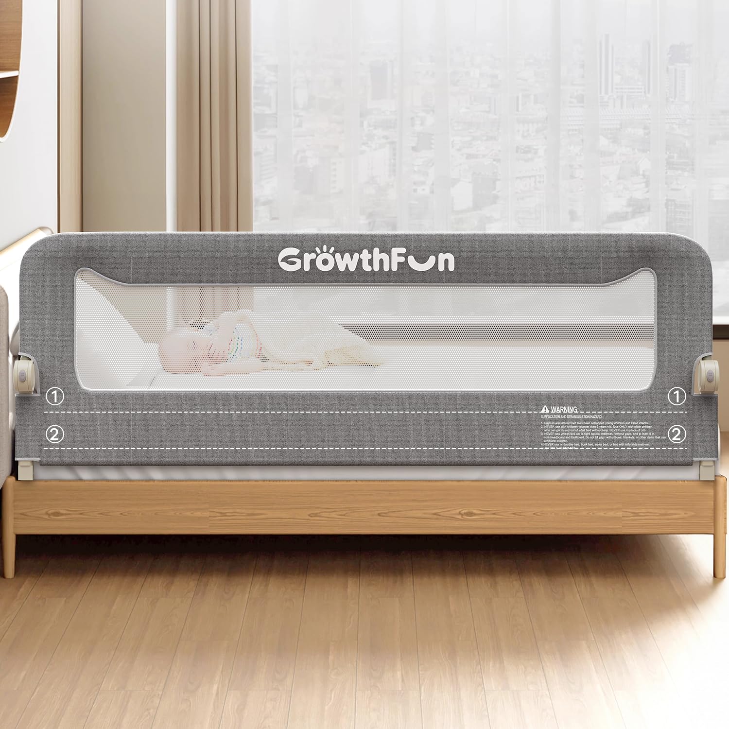 GrowthFun foldable bed rail front view with no-tools setup for toddlers.