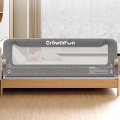 GrowthFun foldable bed rail front view with no-tools setup for toddlers.
