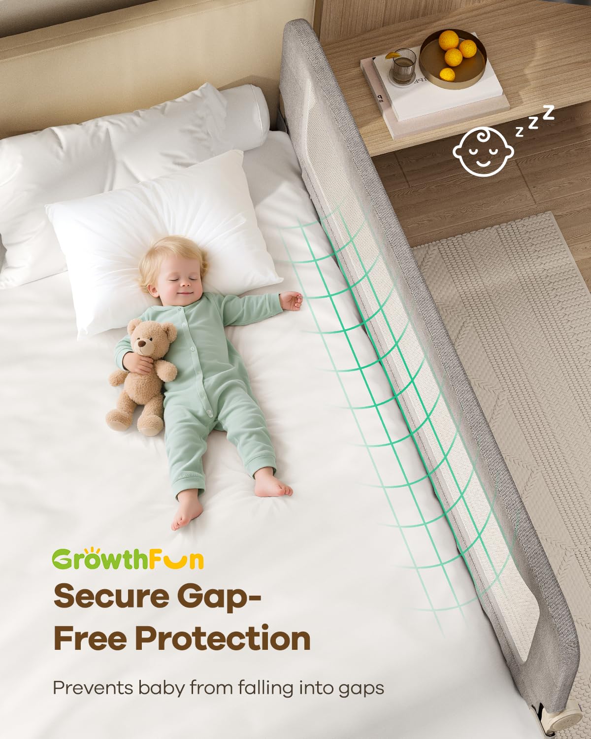 GrowthFun foldable rail with safety lock keeps rail secure during sleep.