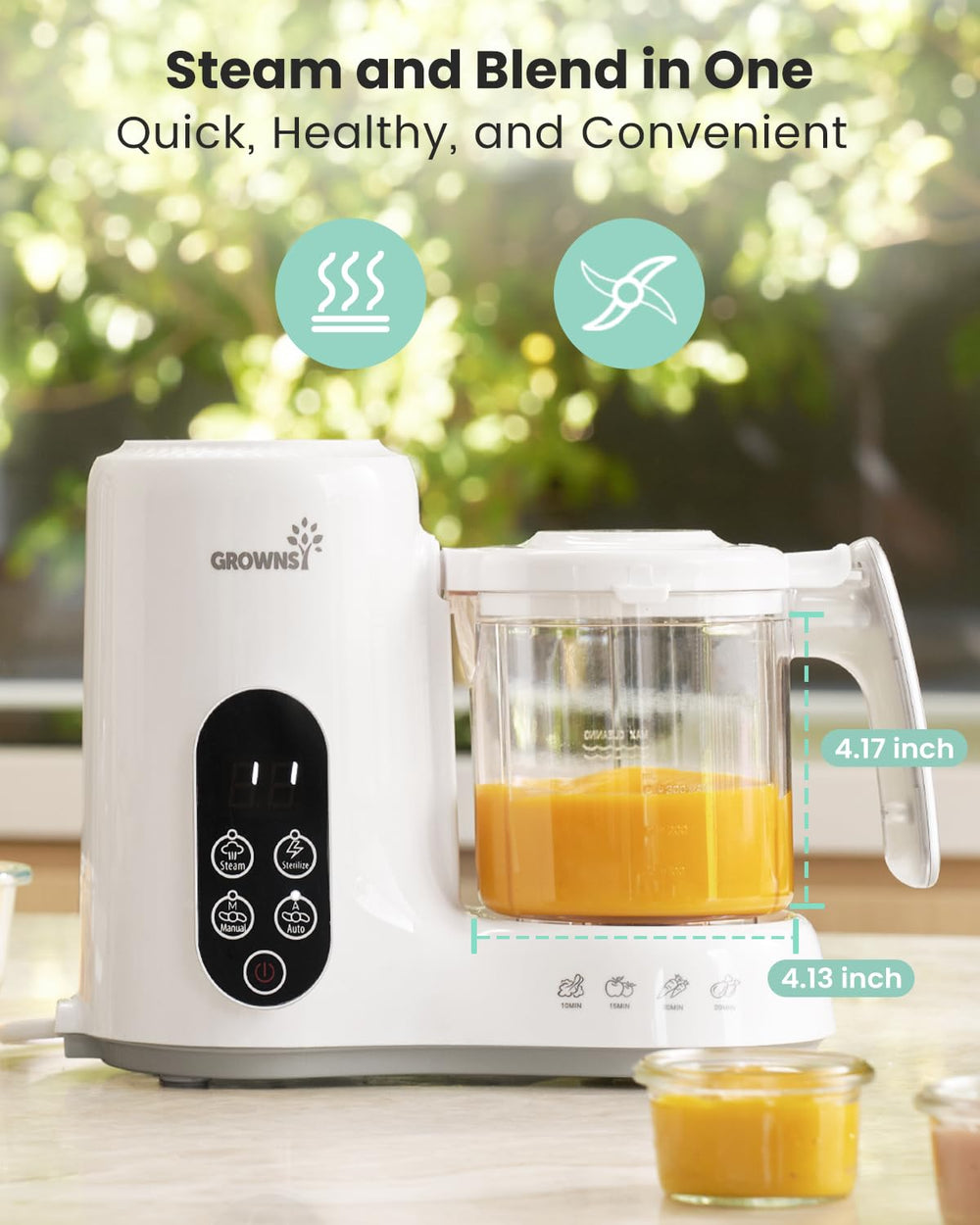 GROWNSY steaming-and-blending-one-step demonstrates all-in-one prep for fresh baby meals.