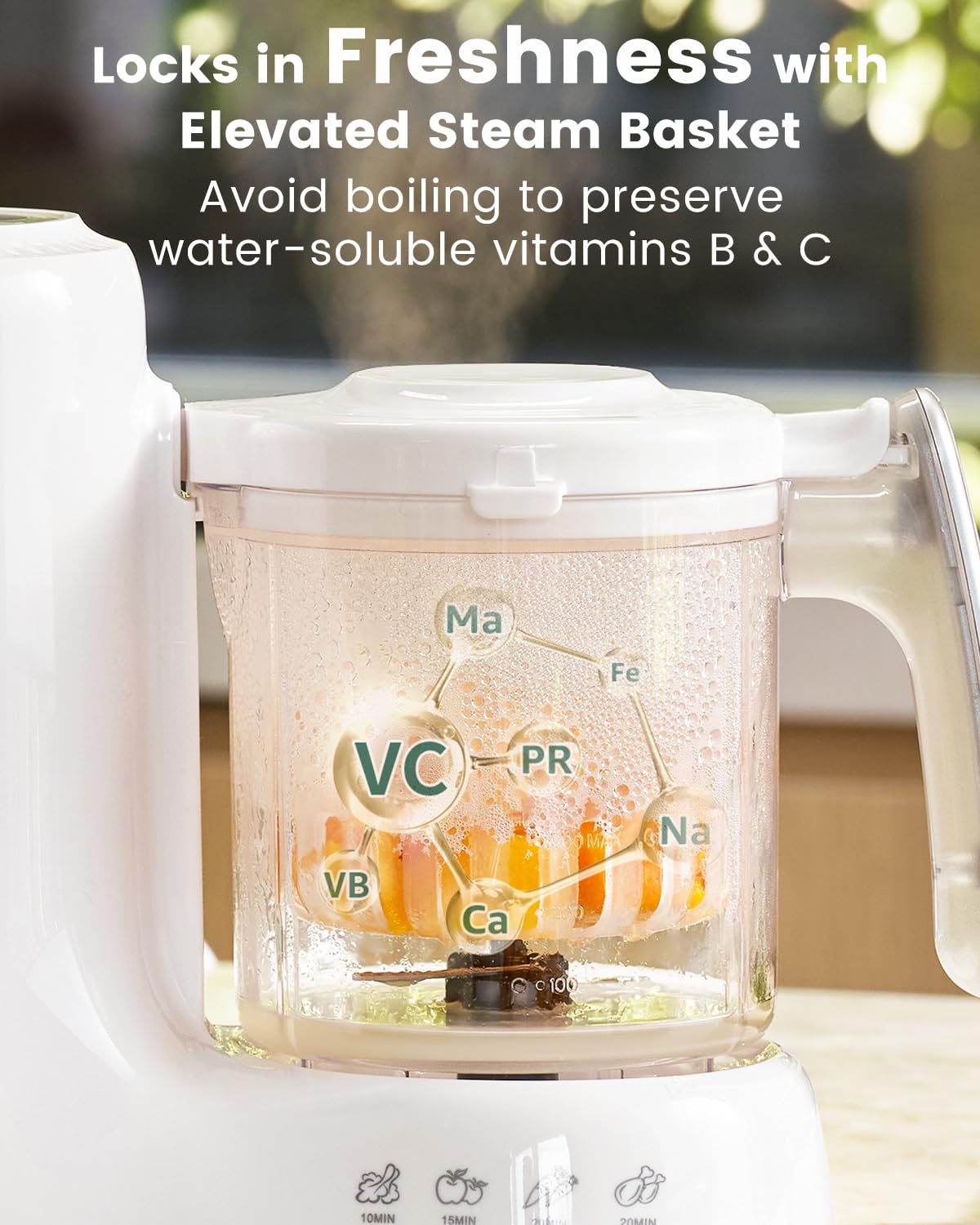 GROWNSY nutrient-preserving-steaming-basket locks in vitamins during gentle steam cooking.