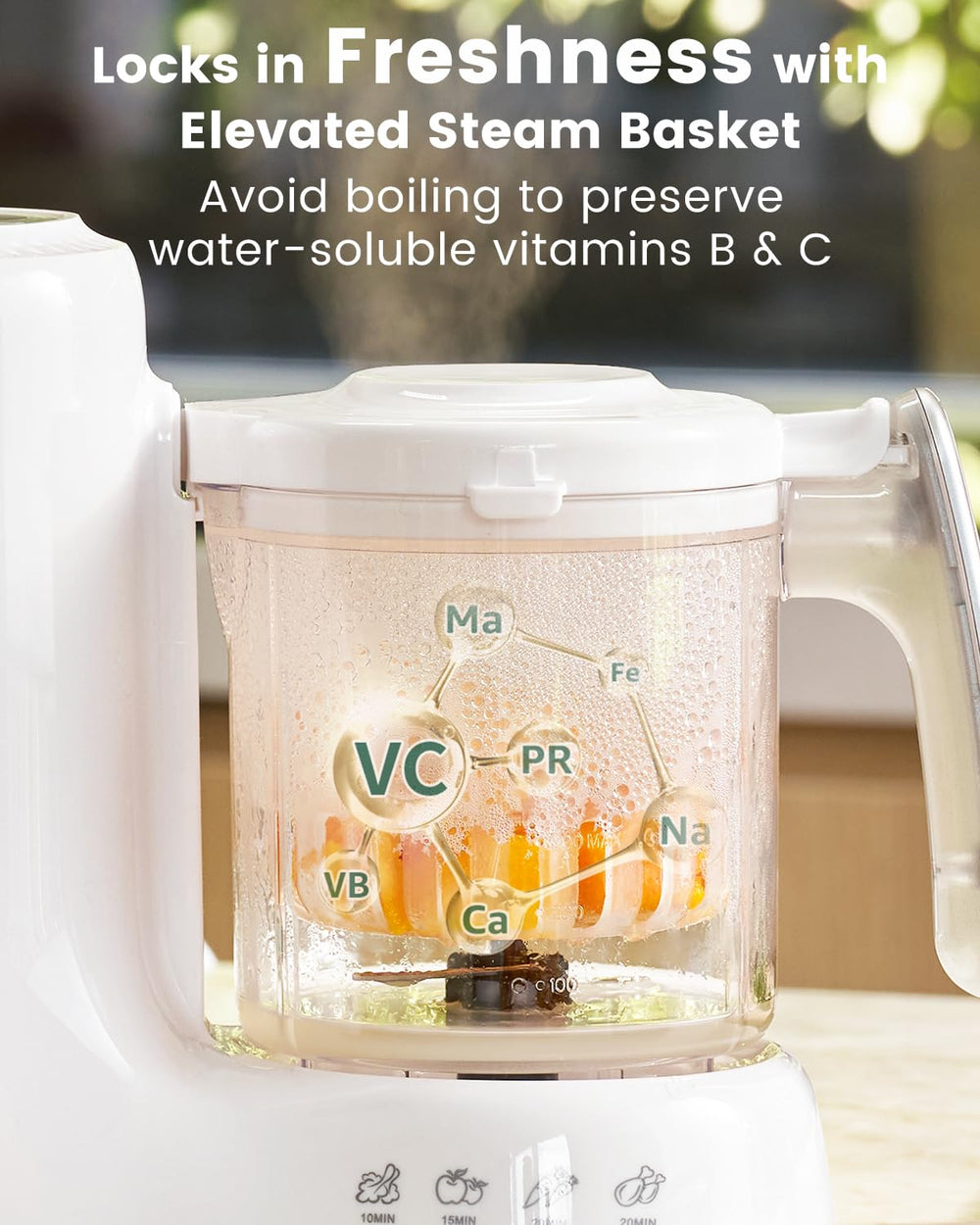 GROWNSY nutrient-preserving-steaming-basket locks in vitamins during gentle steam cooking.