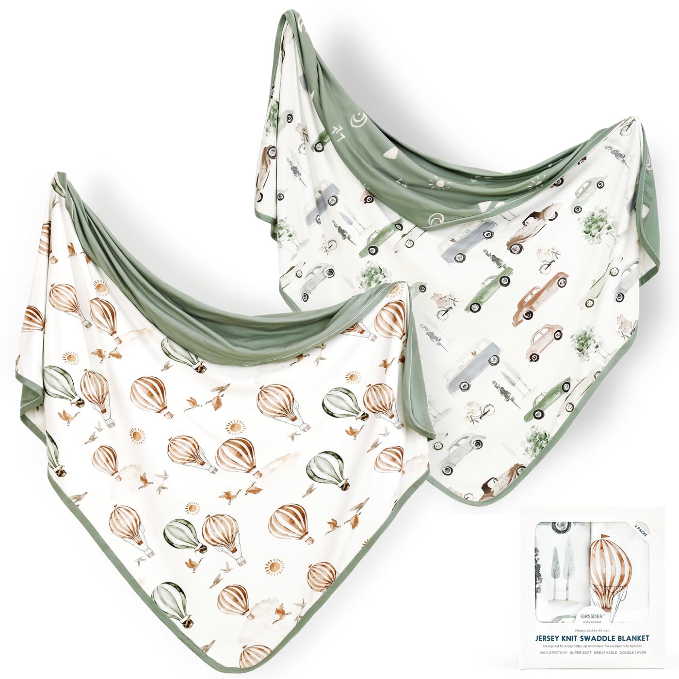 GRSSDER baby swaddle blankets two-pack product shot, showcasing ultra-soft jersey knit for cozy swaddling.
