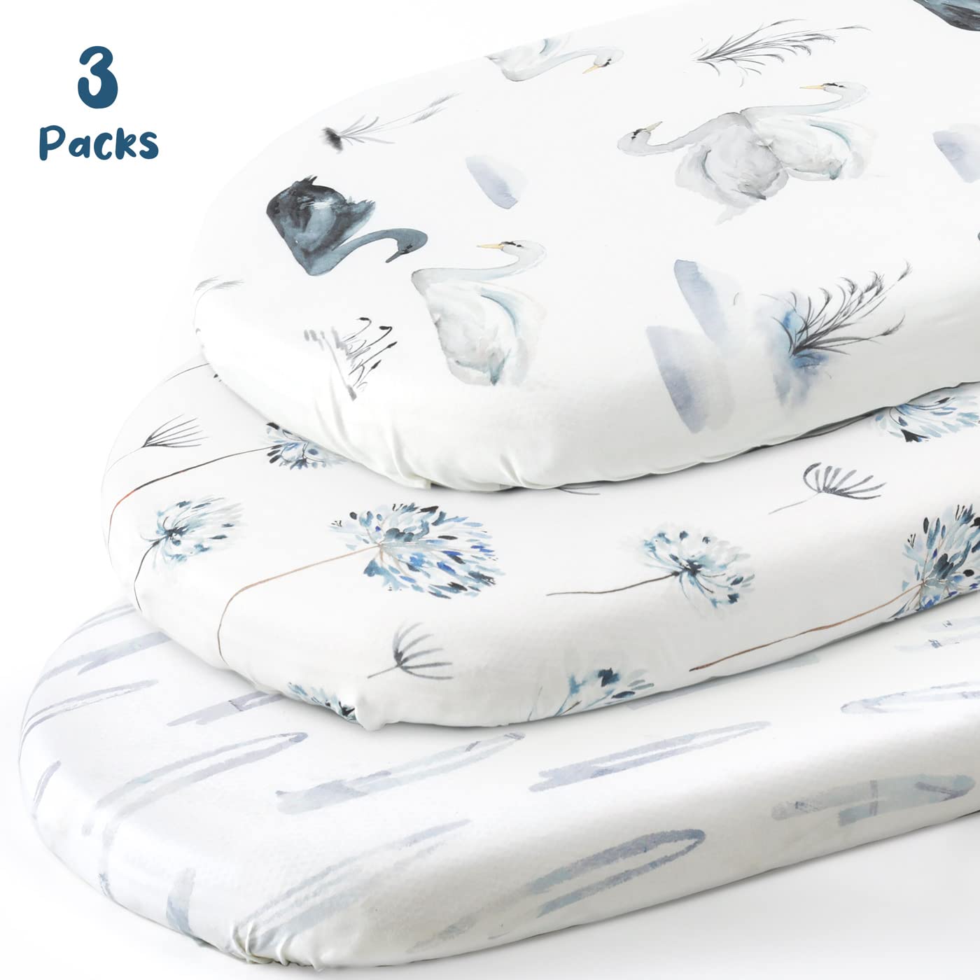 GRSSDER bassinet sheet universal-fit shows compatibility with oval, rectangle, and round cradles.