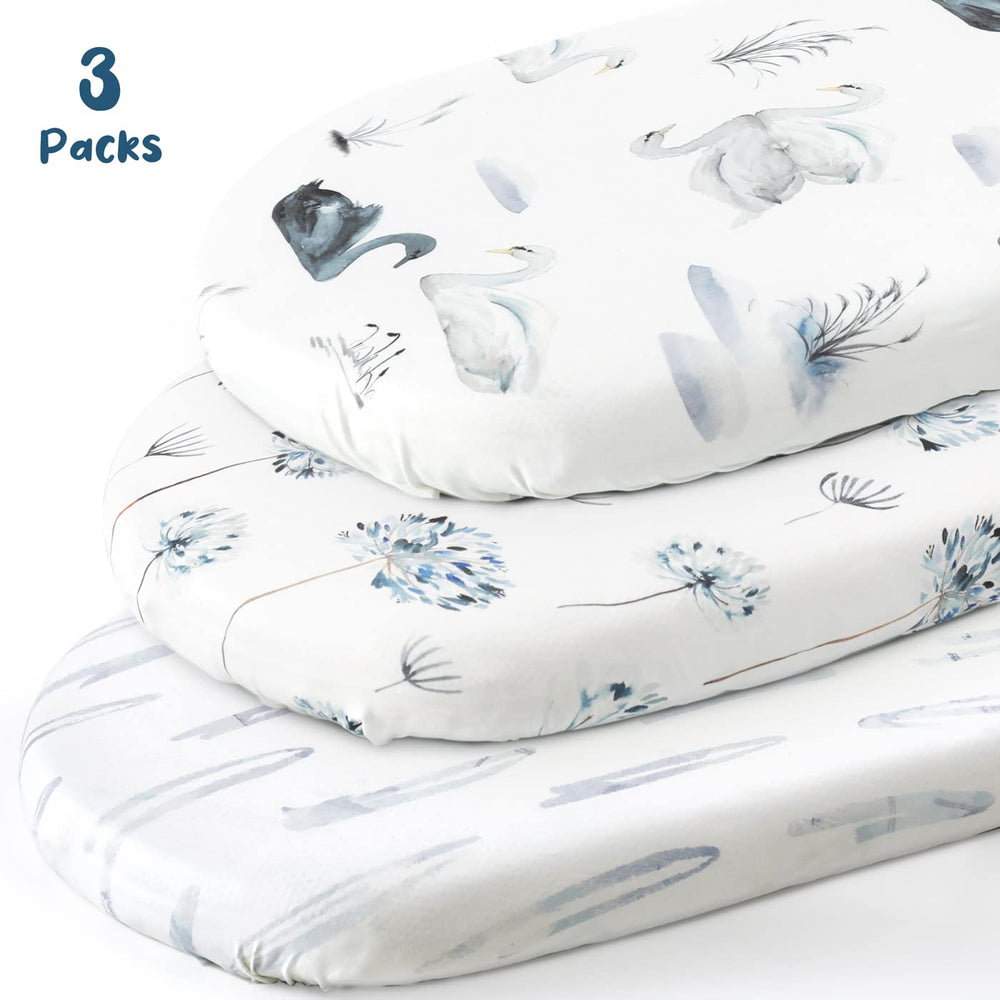 GRSSDER bassinet sheet universal-fit shows compatibility with oval, rectangle, and round cradles.