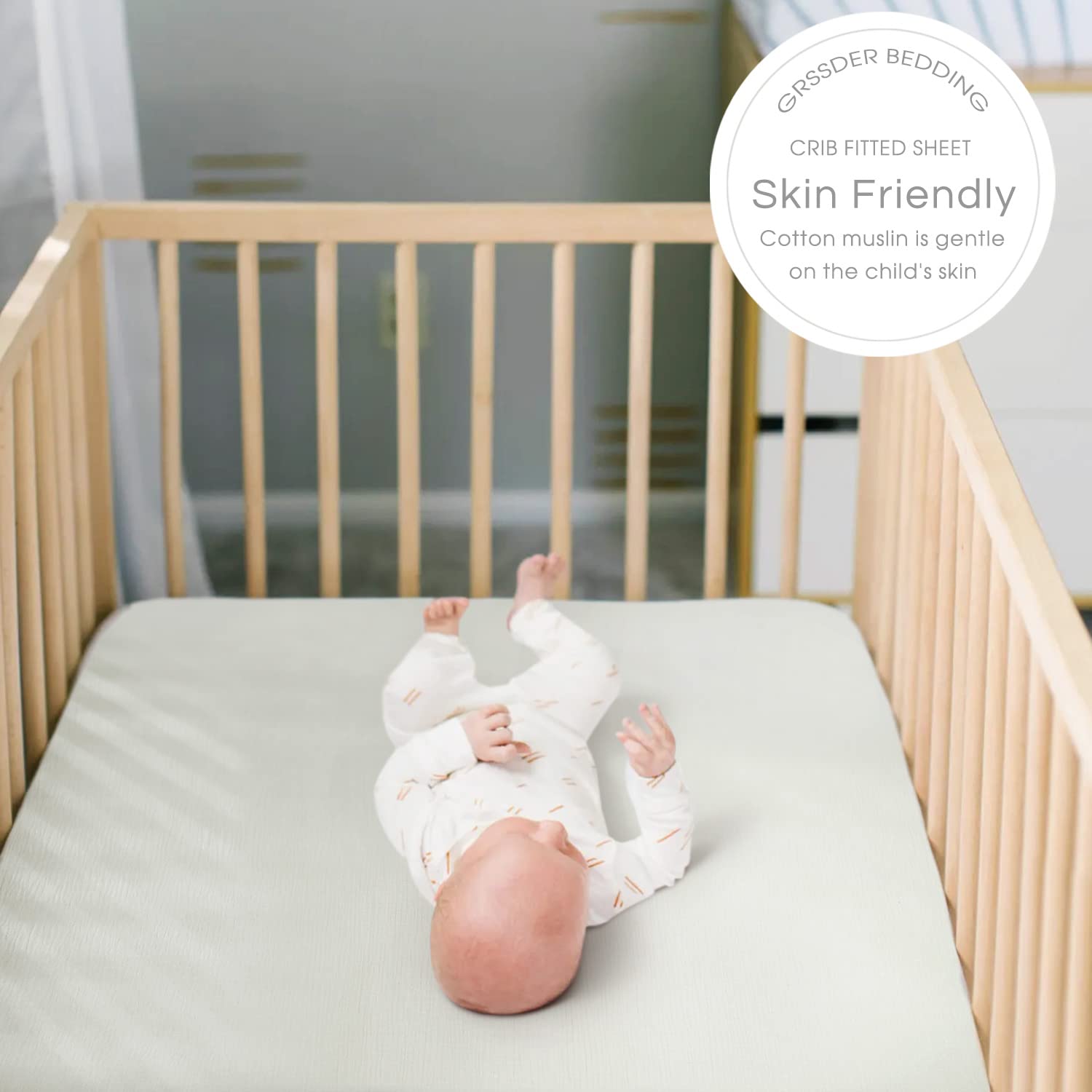 GRSSDER light-gray-crib-sheet fabric delivers breathable cotton feel for year-round comfort