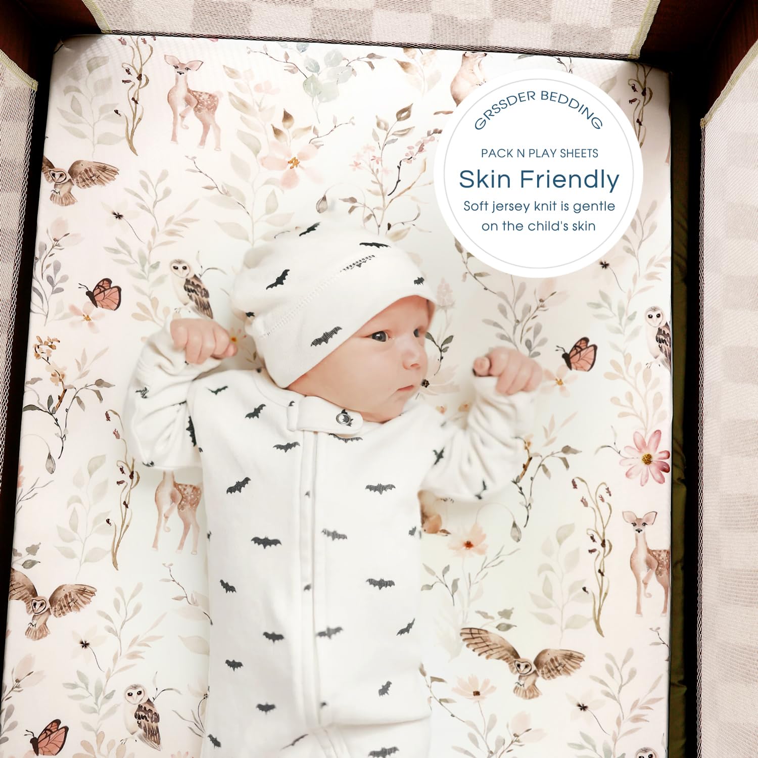 GRSSDER mini crib sheets with elastic-fit for quick changes.