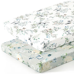 GRSSDER Pack n Play Sheets stretched on a mattress showing soft, breathable knit comfort.