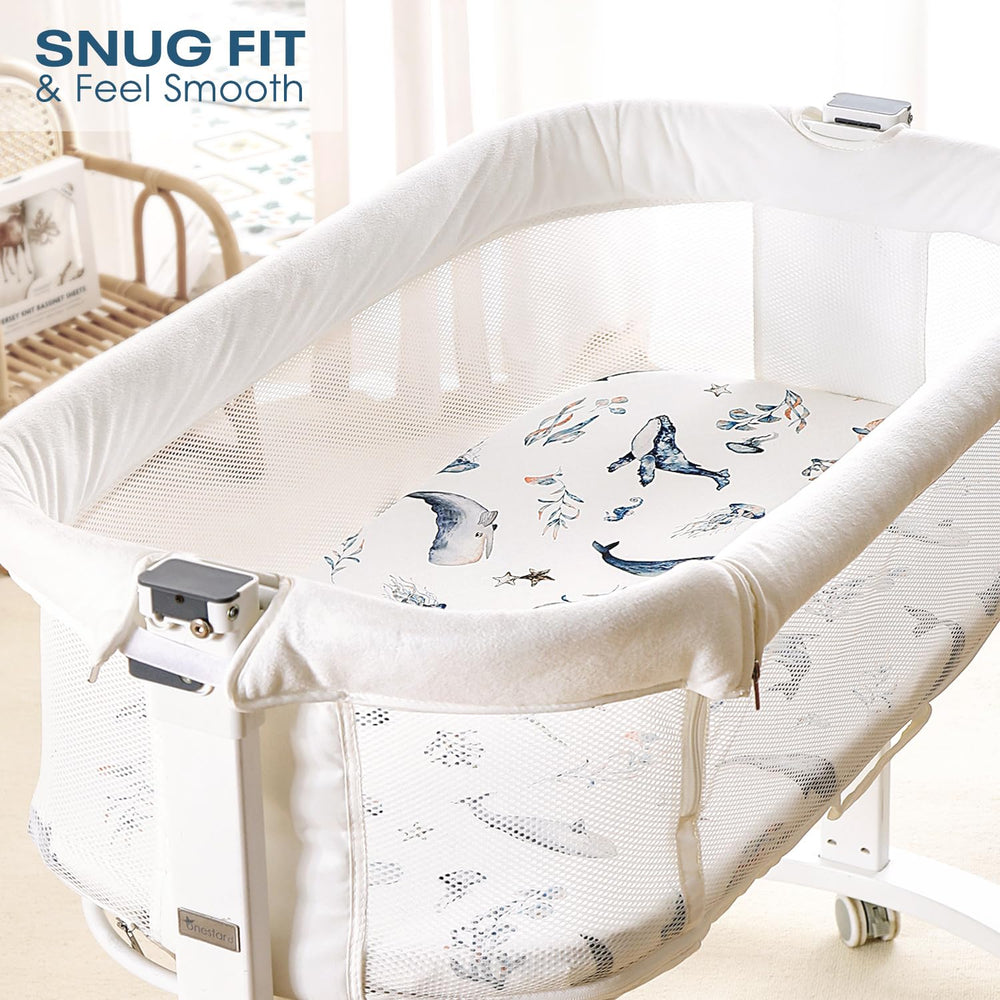 GRSSDER sea-fish print on bassinet sheet supports soothing nursery theme.