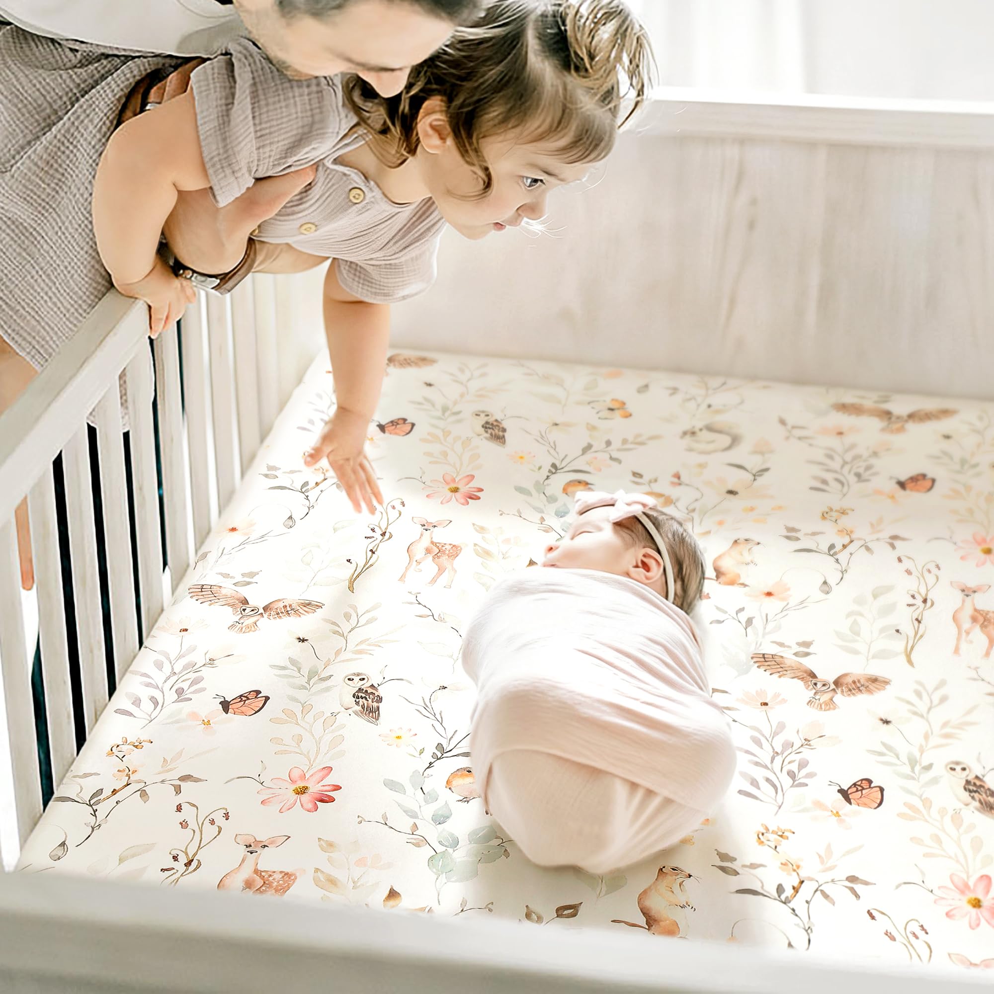 GRSSDER Stretch crib sheet universal fit view highlights compatibility with most standard crib mattresses.