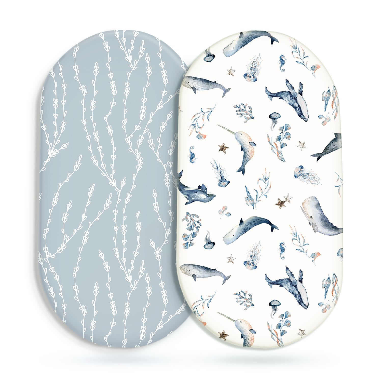 GRSSDER stretchy bassinet sheet 2-pack sea fish print top view for quick secure fit.