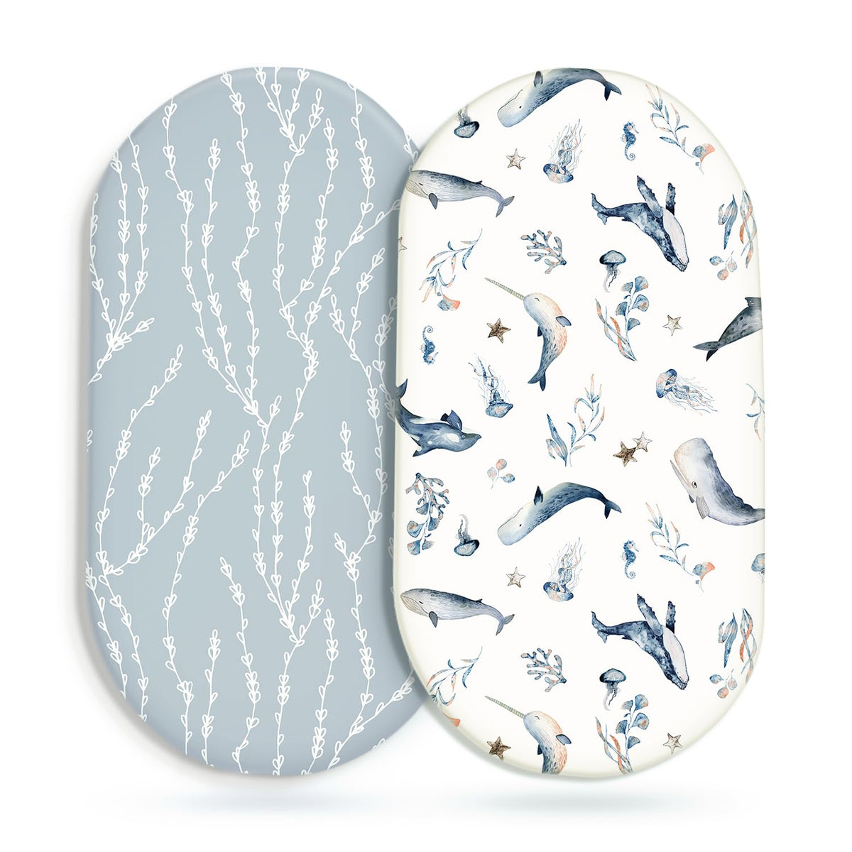 GRSSDER stretchy bassinet sheet 2-pack sea fish print top view for quick secure fit.