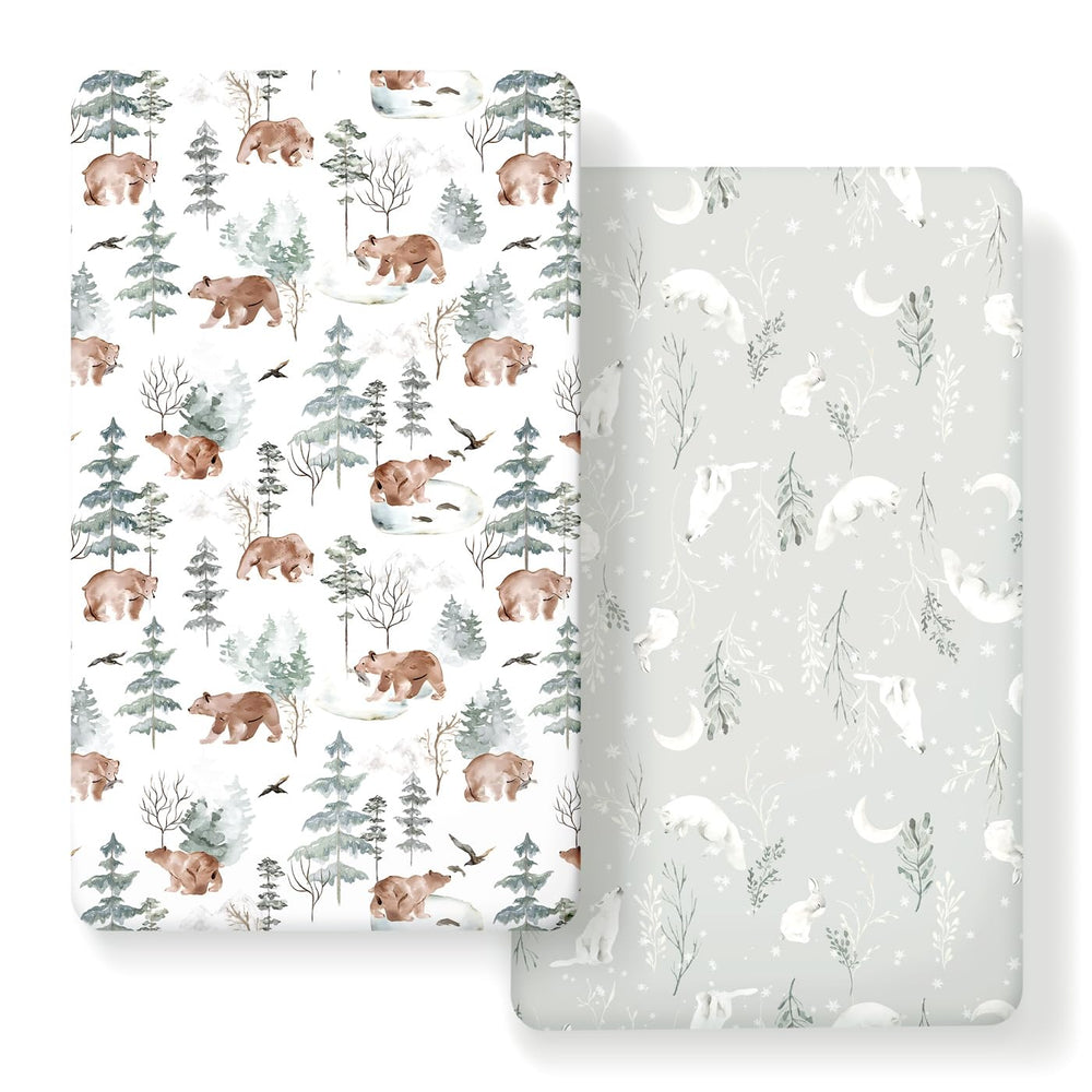 GRSSDER stretchy crib sheets with bear and wolf print for cozy nursery mood.