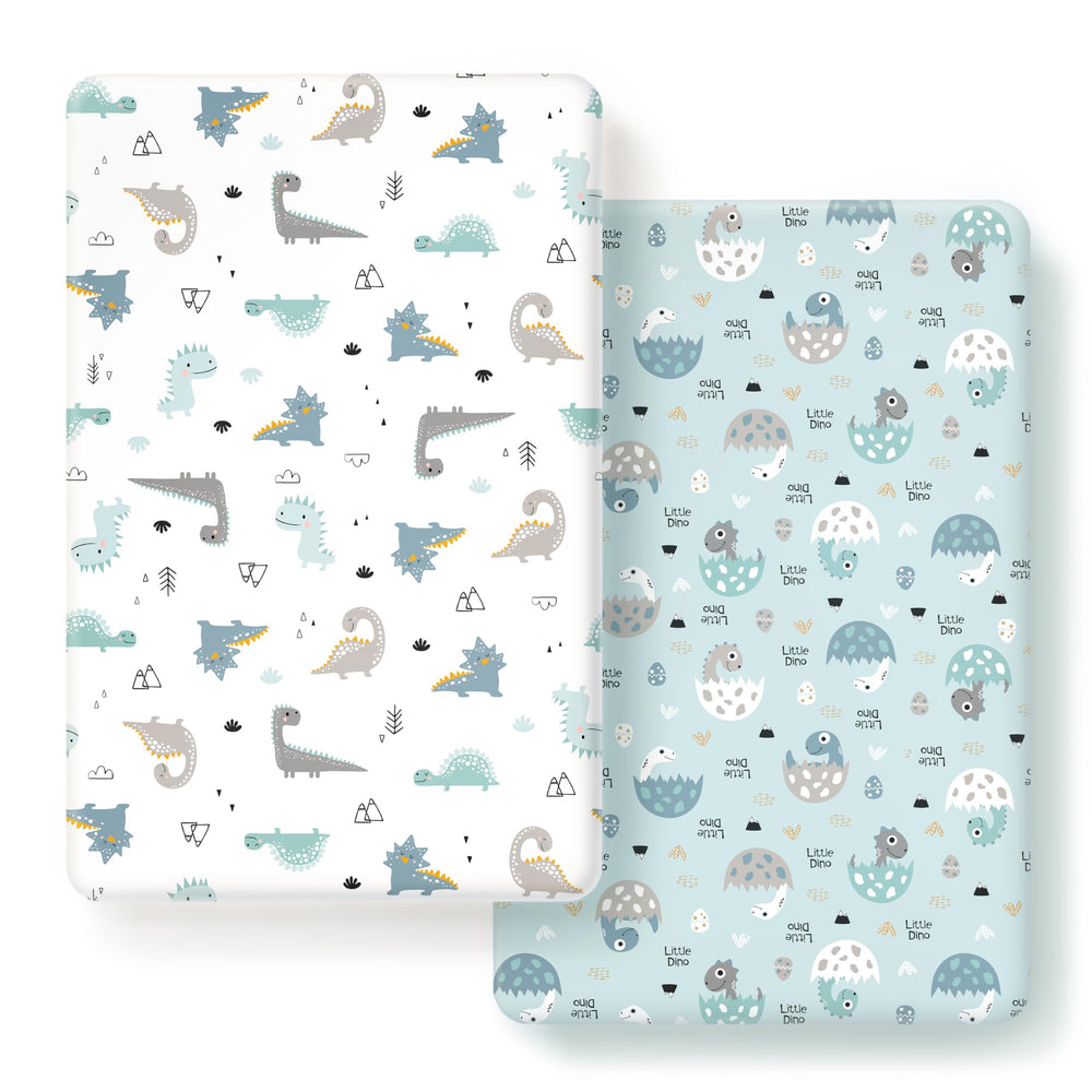 GRSSDER stretchy jersey-knit mini crib sheets in 2-pack show soft fabric and snug fit.