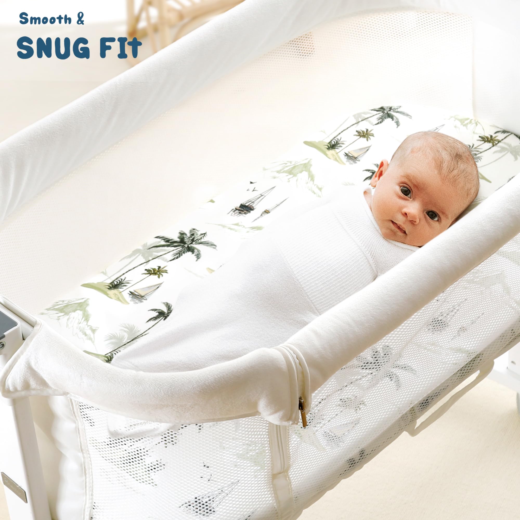 GRSSDER universal-fit bassinet sheet demonstrates flexible 32x16x5 size for various bassinets