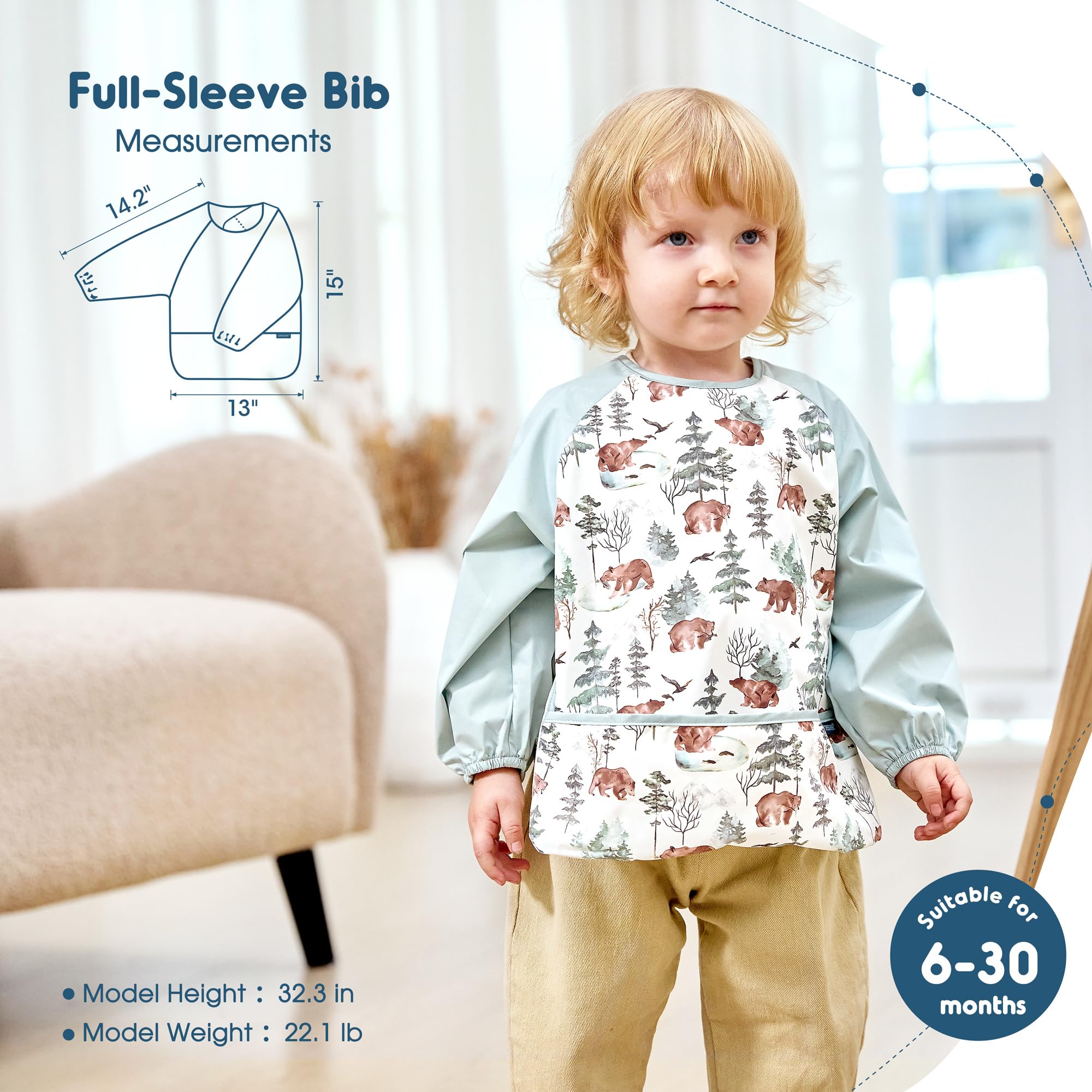 GRSSDER waterproof baby bib deep pocket catches crumbs for easy cleanup.
