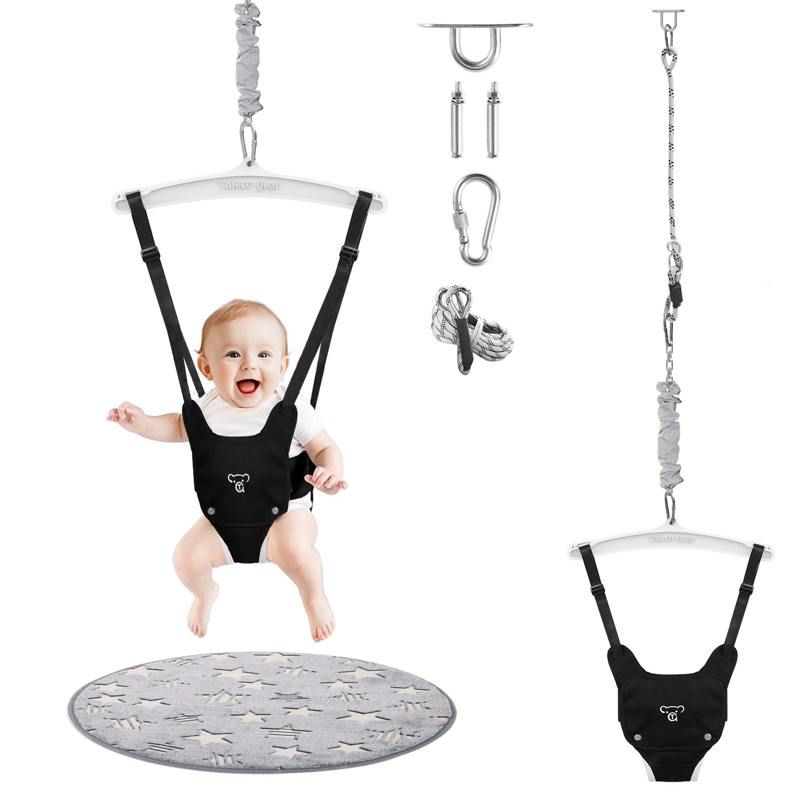 G TALECO GEAR baby jumper with ceiling hook shows adjustable height for growing babies.
