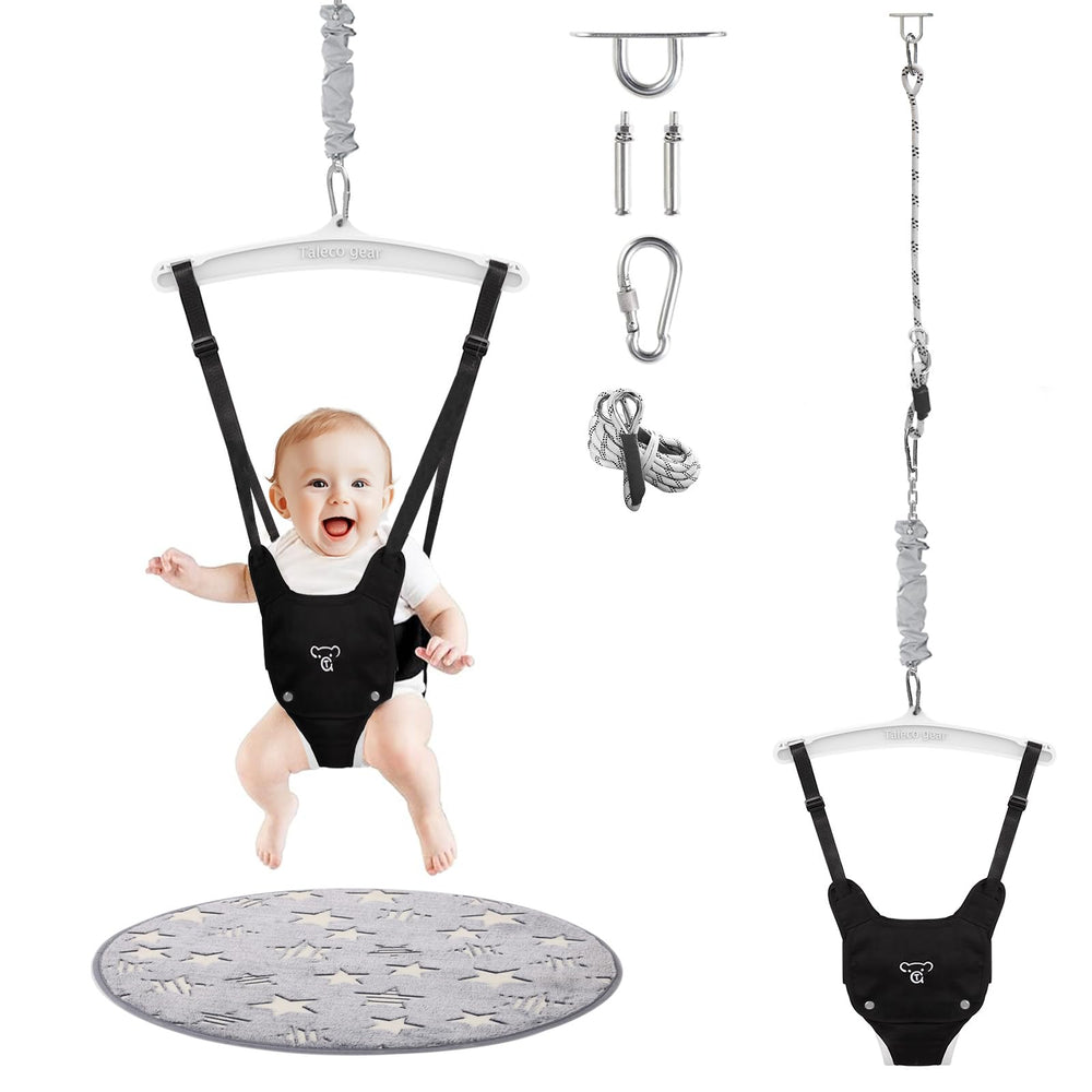G TALECO GEAR baby jumper with ceiling hook shows adjustable height for growing babies.