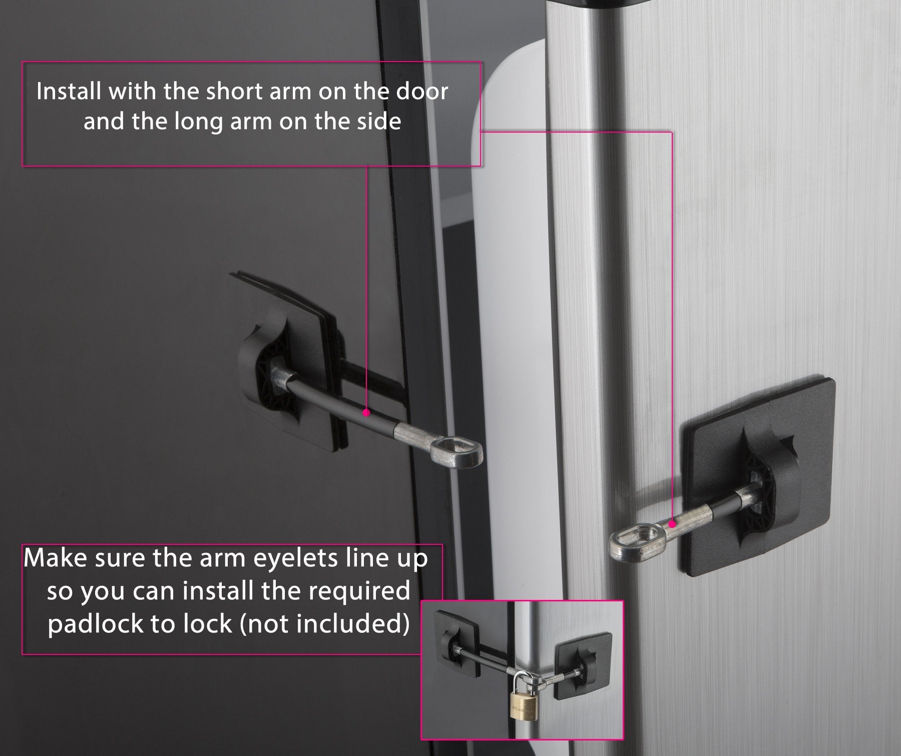 Guardianite 2-pack refrigerator lock detailed specs image provides measurements and materials.