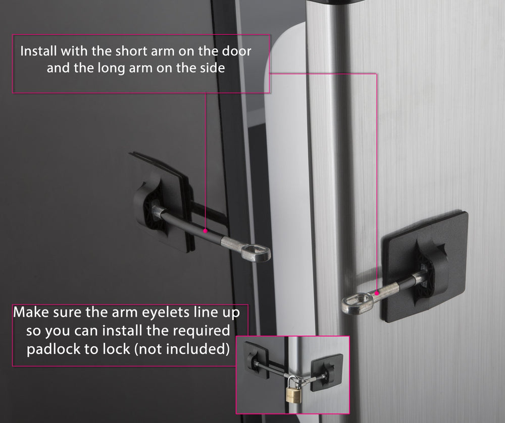 Guardianite 2-pack refrigerator lock detailed specs image provides measurements and materials.