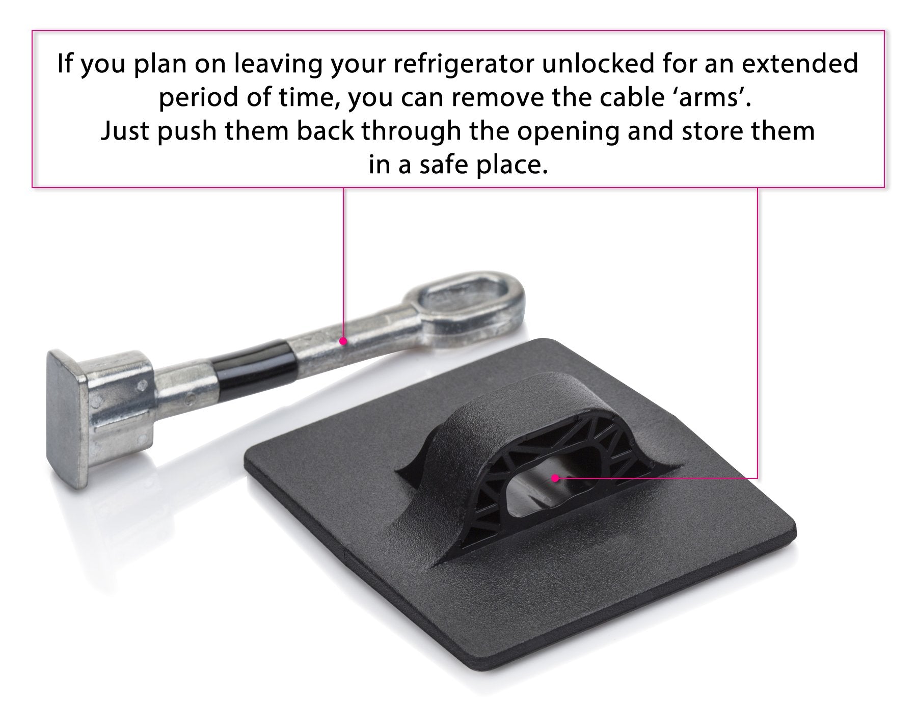Guardianite 2-pack refrigerator lock in use secures medicines and lunch items.