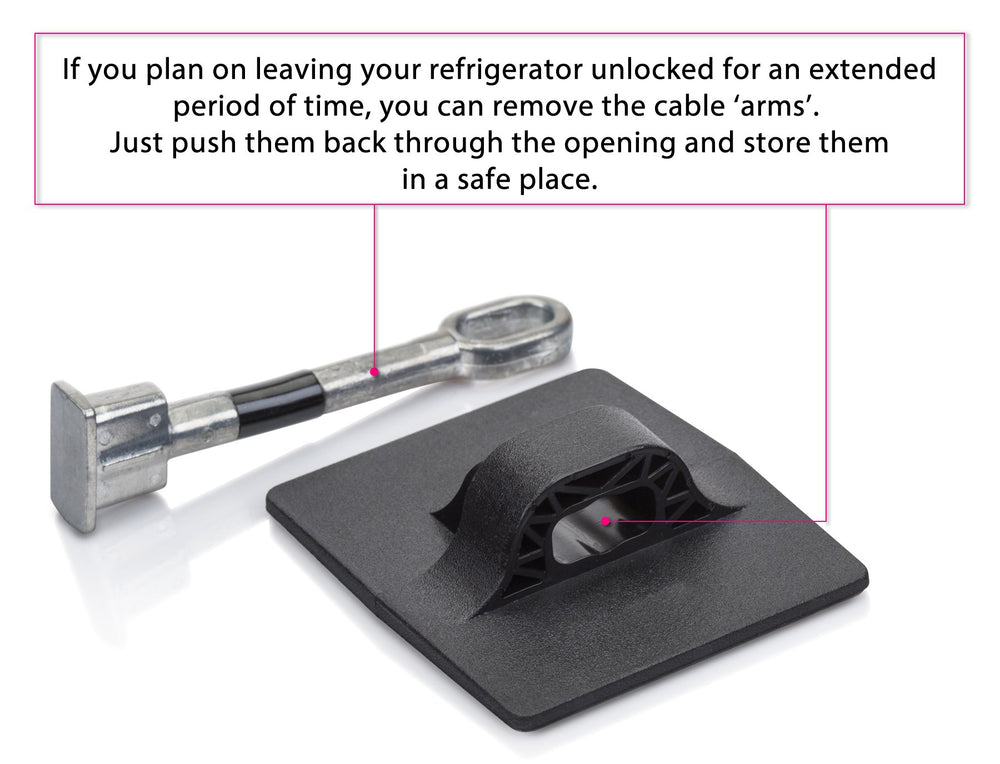 Guardianite 2-pack refrigerator lock in use secures medicines and lunch items.