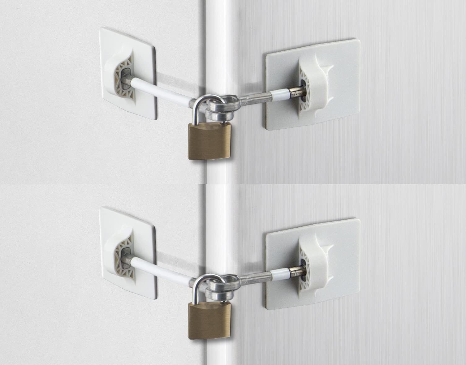 Guardianite 2-pack refrigerator lock on fridge with keyed padlock for safety.