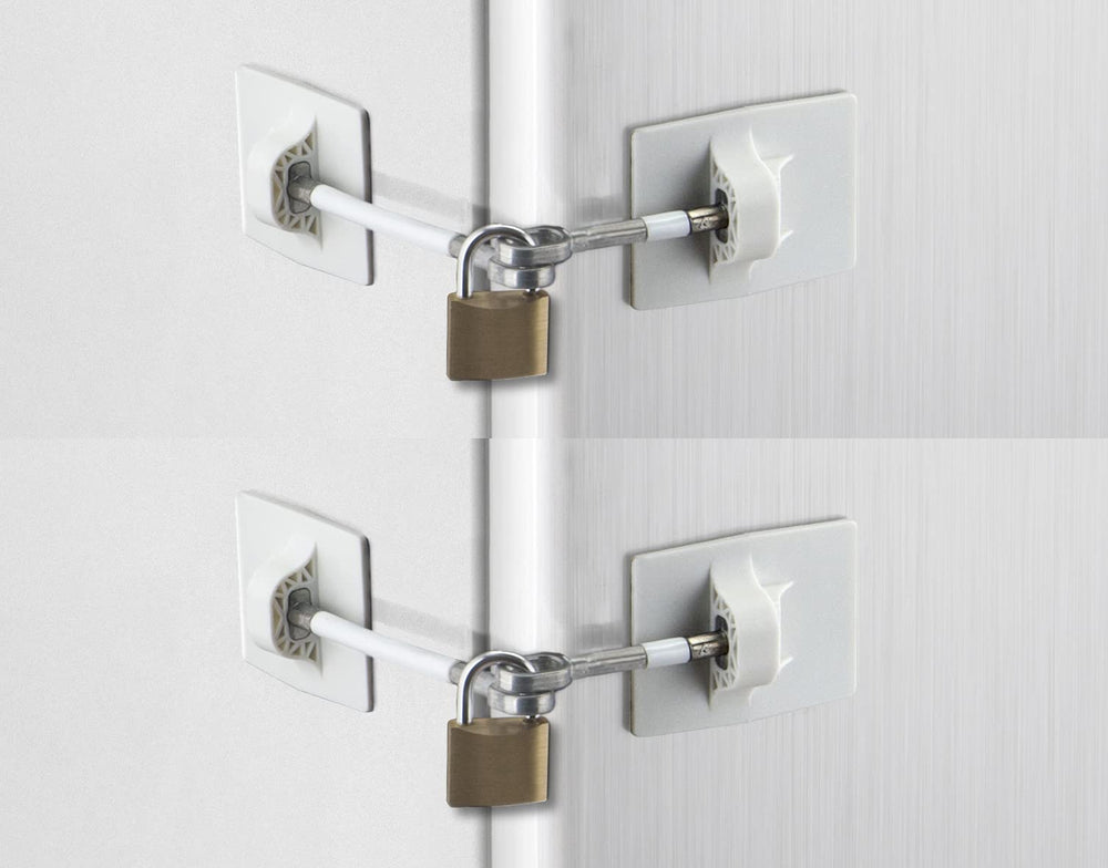 Guardianite 2-pack refrigerator lock on fridge with keyed padlock for safety.