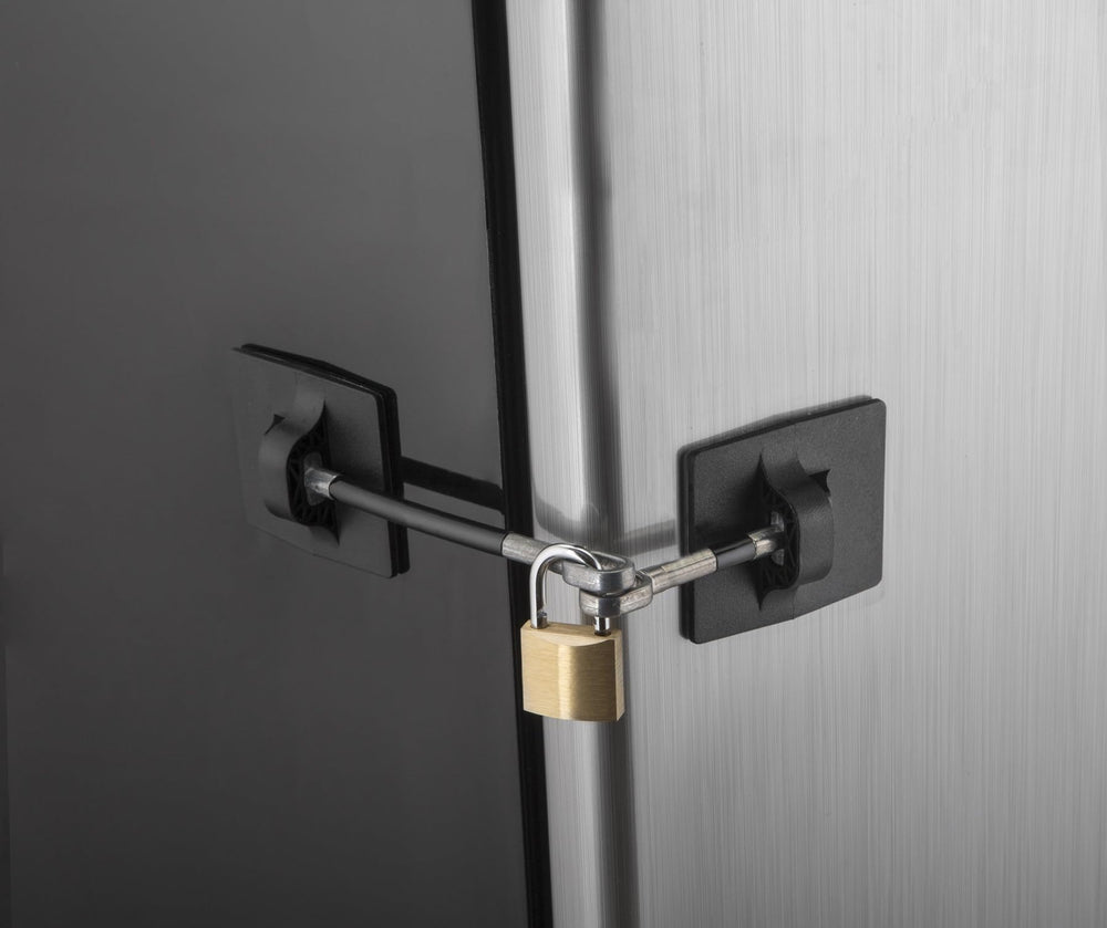 Guardianite fridge lock black on door demonstrates simple, tamper-resistant protection