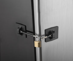 Guardianite fridge lock black on door demonstrates simple, tamper-resistant protection