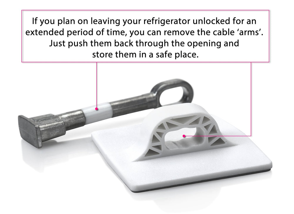 Guardianite fridge lock in use protects snacks and lunch items.