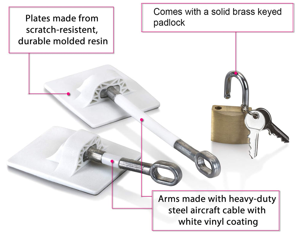Guardianite fridge lock installation close-up highlighting strong 3M tape adhesion.