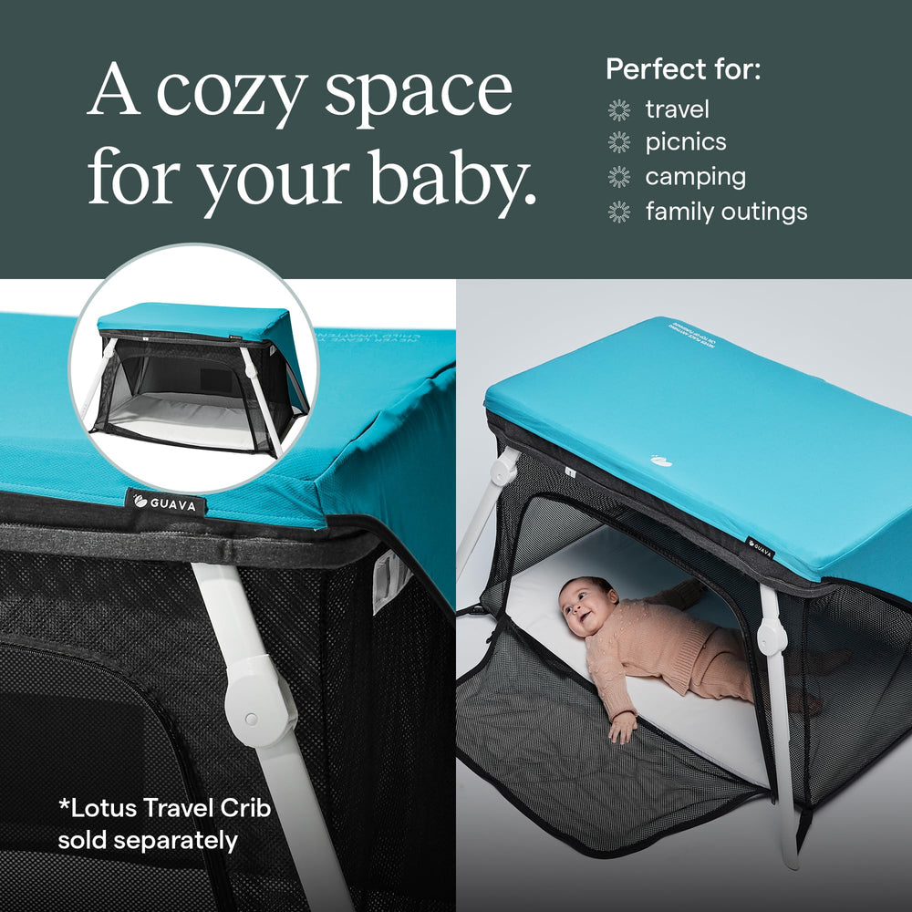Guava Family Lotus Crib Fun Shade blue image highlights shade canopy over baby area.