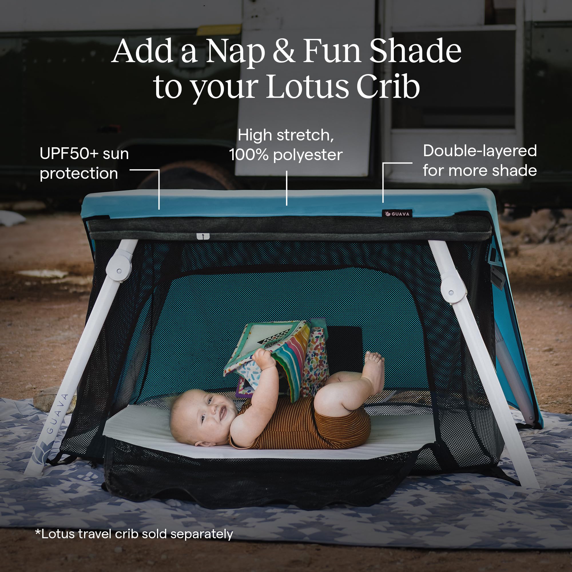 Guava Family Lotus Play Yard FunShade blue folded-compact design shows space savings.