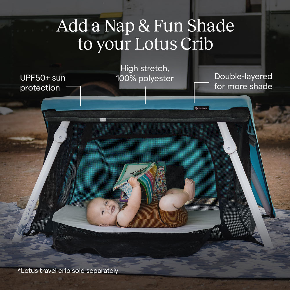 Guava Family Lotus Play Yard FunShade blue folded-compact design shows space savings.