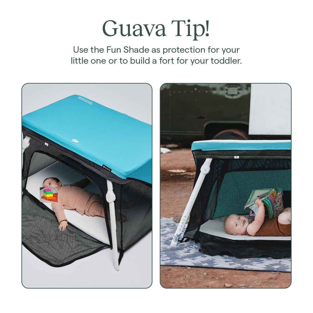 Guava Family Lotus Play Yard FunShade blue mesh-sides for visibility and airflow.