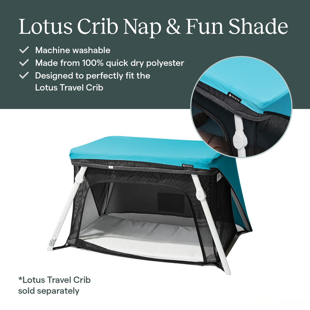 Guava Family Lotus Play Yard FunShade blue open-top layout for easy access to baby.
