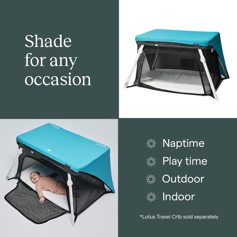 Guava Family Lotus Play Yard FunShade blue side view showing compact silhouette for travel.