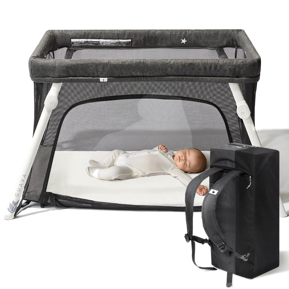 Guava Family travel crib with backpack fold for easy airport travel and quick setup